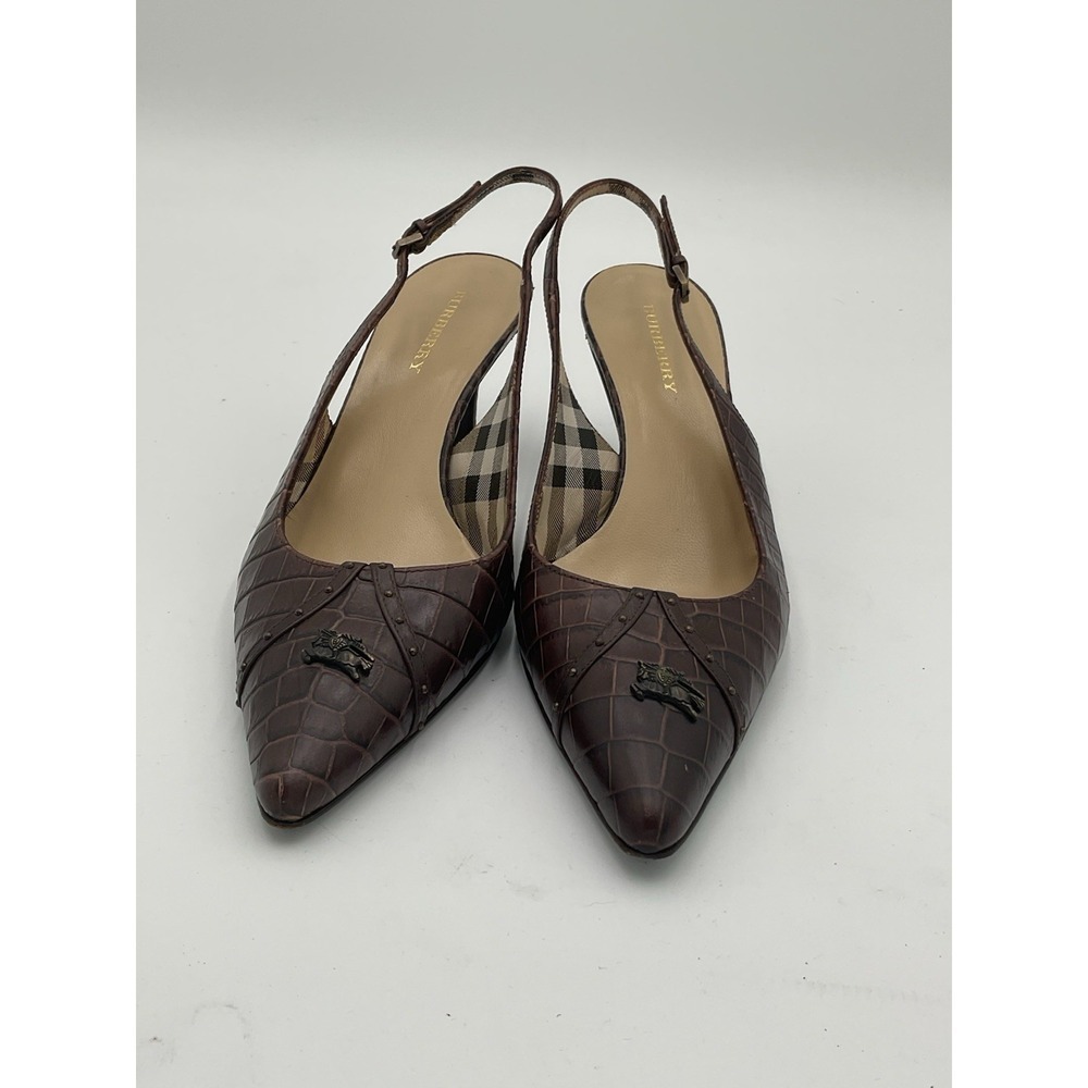 Burberry Vintage Slingback Heels Brown Alligator Plaid Interior Size 36.5 - Picture 2 of 8